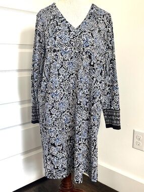 J. Jill Black and Light Blue Paisley V-Neck Dress